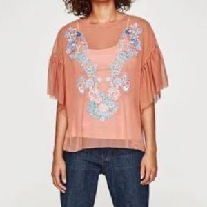 Zara Peach Tulle Mesh Embroidered Flutter Boho Blouse Size Small